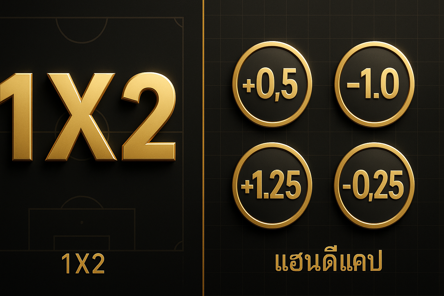อินโฟกราฟิกเปรียบเทียบ แทงบอล 1x2 กับแฮนดิแคป โทนดำทอง ดูเข้าใจง่ายและหรูหรา