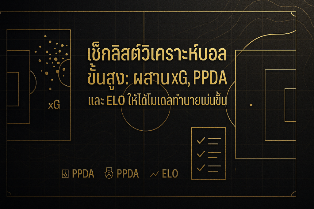 ภาพฟีเจอร์ธีมหรูหราดำทอง แสดงเช็กลิสต์วิเคราะห์บอลขั้นสูง ผสาน xG, PPDA และ ELO เพื่อสร้างโมเดลทำนายผลฟุตบอลที่แม่นยำ