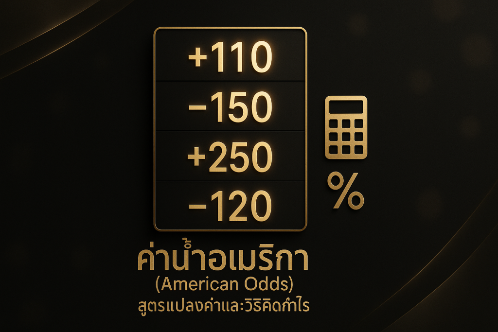 ภาพหน้าปกค่าน้ำอเมริกา (American Odds) โทนหรูหราดำทอง พร้อมตัวเลขอัตราต่อรองและชื่อเรื่องบนภาพ