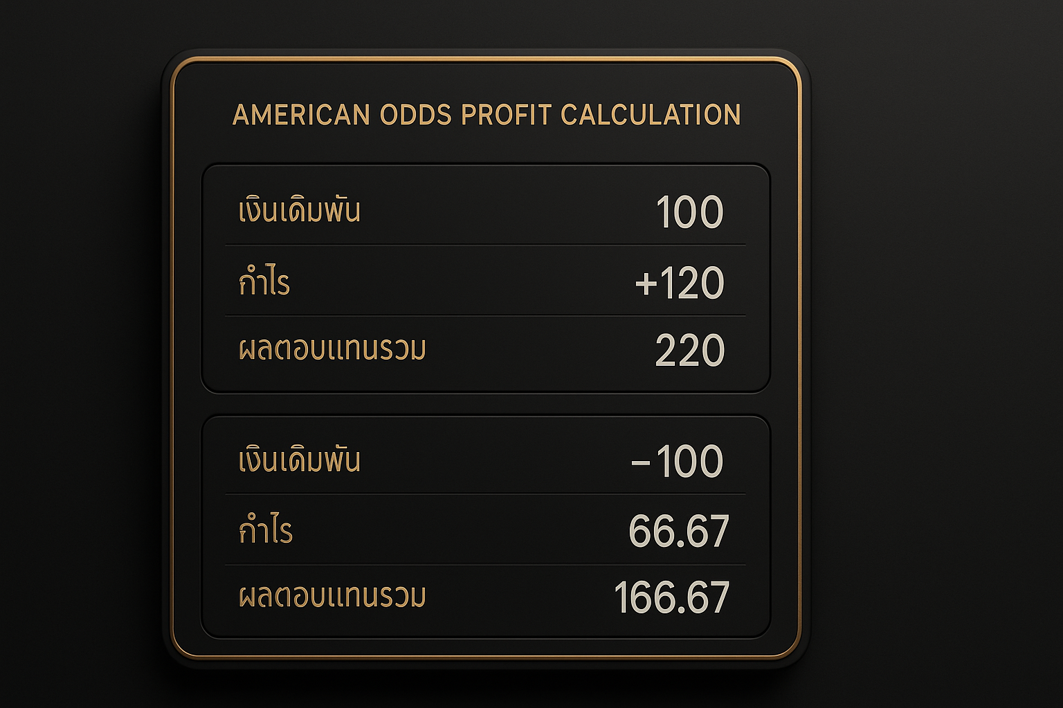 ภาพตัวอย่างการคำนวณกำไรจากค่าน้ำอเมริกา ด้วยเงินเดิมพัน 100 ที่ +120 และ -150 โทนหรูหราดำทอง