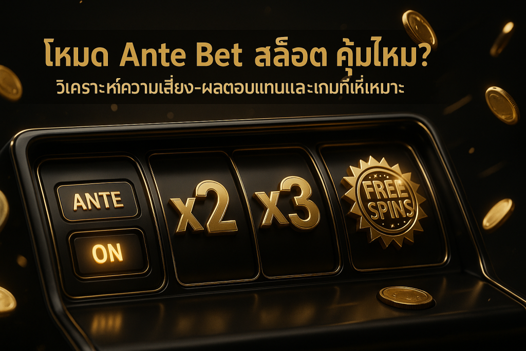 ภาพฮีโร่ธีมหรูหราดำทอง แสดงโหมด Ante Bet สล็อต พร้อมหัวข้อบทความ ‘โหมด Ante Bet สล็อต คุ้มไหม? วิเคราะห์ความเสี่ยง-ผลตอบแทนและเกมที่เหมาะ’ บนภาพ