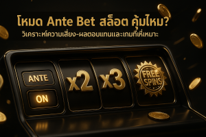 ภาพฮีโร่ธีมหรูหราดำทอง แสดงโหมด Ante Bet สล็อต พร้อมหัวข้อบทความ ‘โหมด Ante Bet สล็อต คุ้มไหม? วิเคราะห์ความเสี่ยง-ผลตอบแทนและเกมที่เหมาะ’ บนภาพ