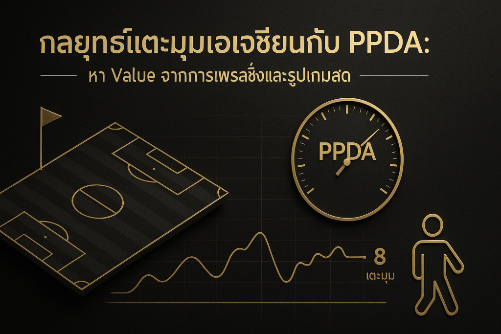 ภาพฟีเจอร์โทนดำทองสื่อถึงกลยุทธ์เตะมุมเอเชียนกับ PPDA มีสนามบอลลายเส้น กราฟ PPDA และธงมุมเตะพร้อมข้อความหัวข้อไทย