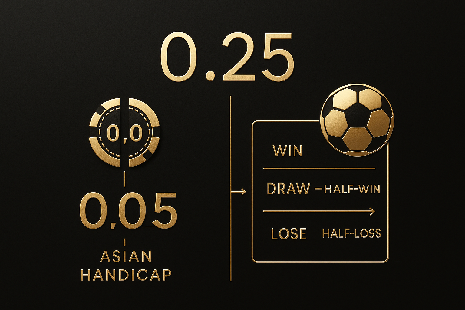 อินโฟกราฟิกดำทองอธิบายราคาบอล 0.25 0.75 เน้นรายละเอียดของราคาบอล 0.25 (เสมอควบครึ่ง) และการคิดบิลครึ่งได้ครึ่งเสีย