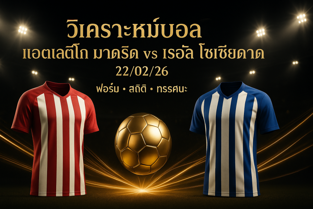 ภาพหน้าปกบทความ วิเคราะห์บอล แอตเลติโก มาดริด เรอัล โซเซียดาด 22/02/26 ธีมหรูหราโทนดำทอง พร้อมข้อความหัวเรื่องบนภาพ