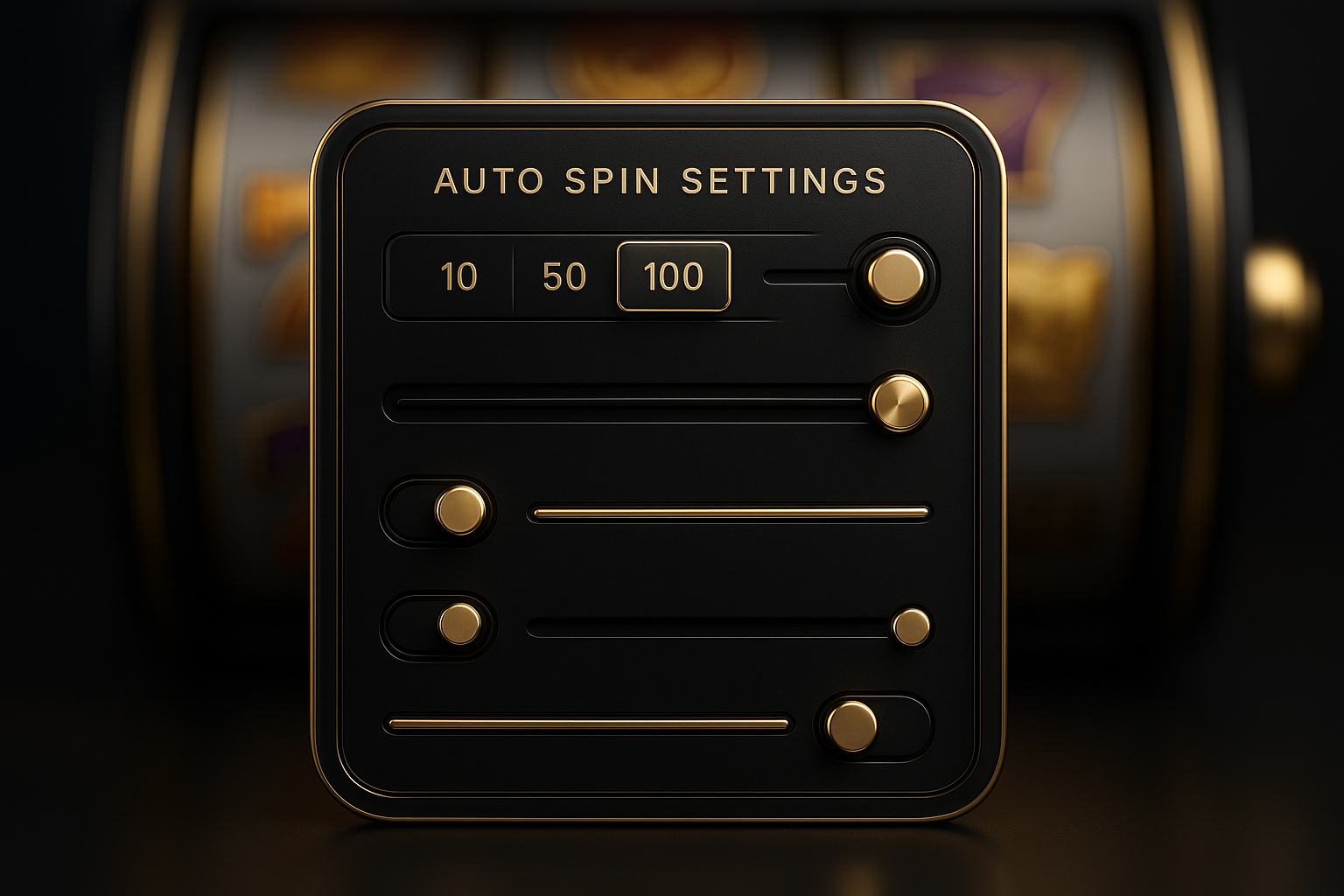 ภาพอินเทอร์เฟซการตั้งค่า Auto Spin สล็อต แสดงตัวเลือกจำนวนสปินและลิมิตงบแบบธีมหรูหราดำทอง