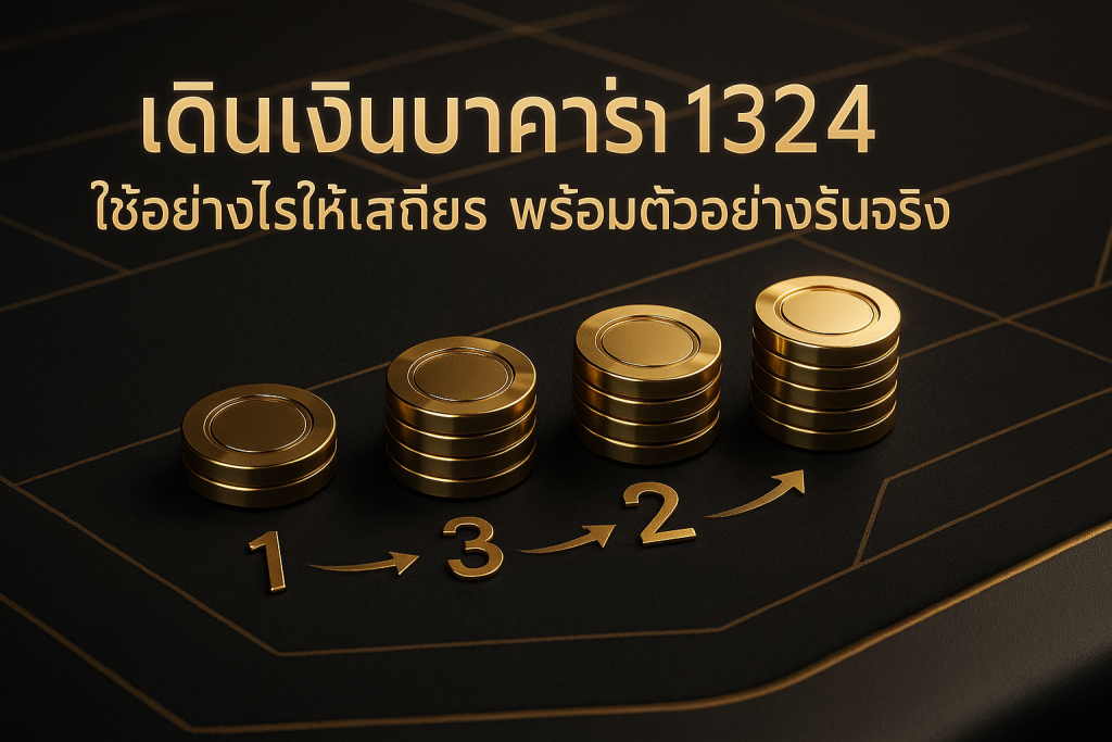 ภาพฟีเจอร์ธีมหรูหราดำทอง แสดงชิปเรียงตามลำดับ เดินเงินบาคาร่า 1324 พร้อมข้อความหัวข้อบนภาพ