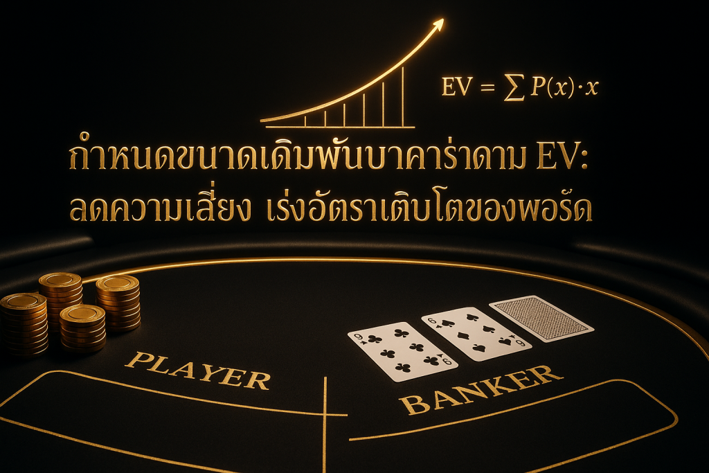 ภาพหน้าปกธีมหรูหราดำทอง แสดงแนวคิดกำหนดขนาดเดิมพันบาคาร่าตาม EV เพื่อลดความเสี่ยงและเร่งการเติบโตของพอร์ต