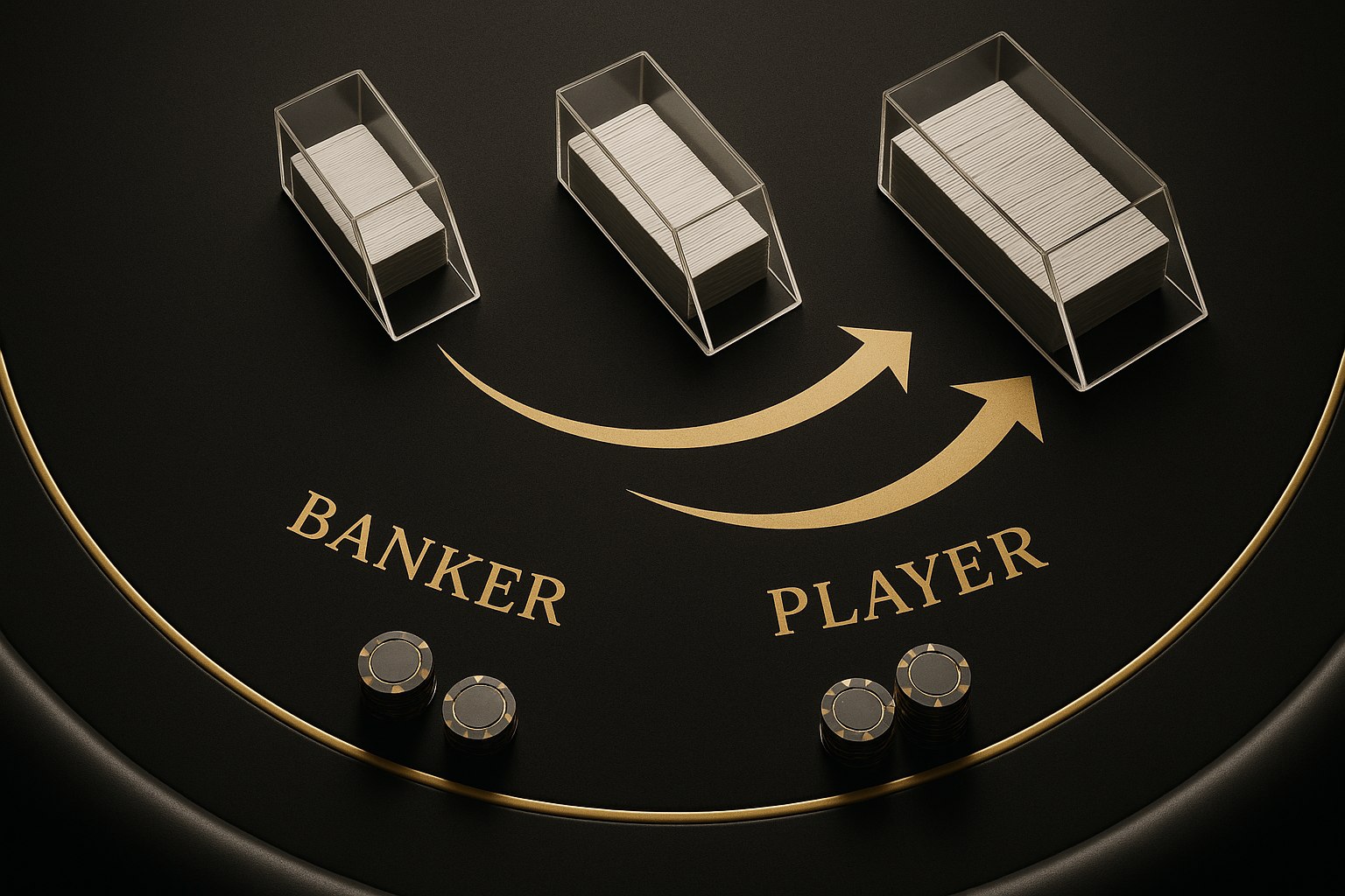 ผลของจำนวนเด็คต่อโอกาสชนะบาคาร่า ภาพโต๊ะบาคาร่าแสดงแนวโน้มกลยุทธ์เดิมพันเมื่อจำนวนเด็คเปลี่ยน โดยมีชิปและลูกศรทองชี้ไปยัง banker และ player โทนหรูหราดำทอง