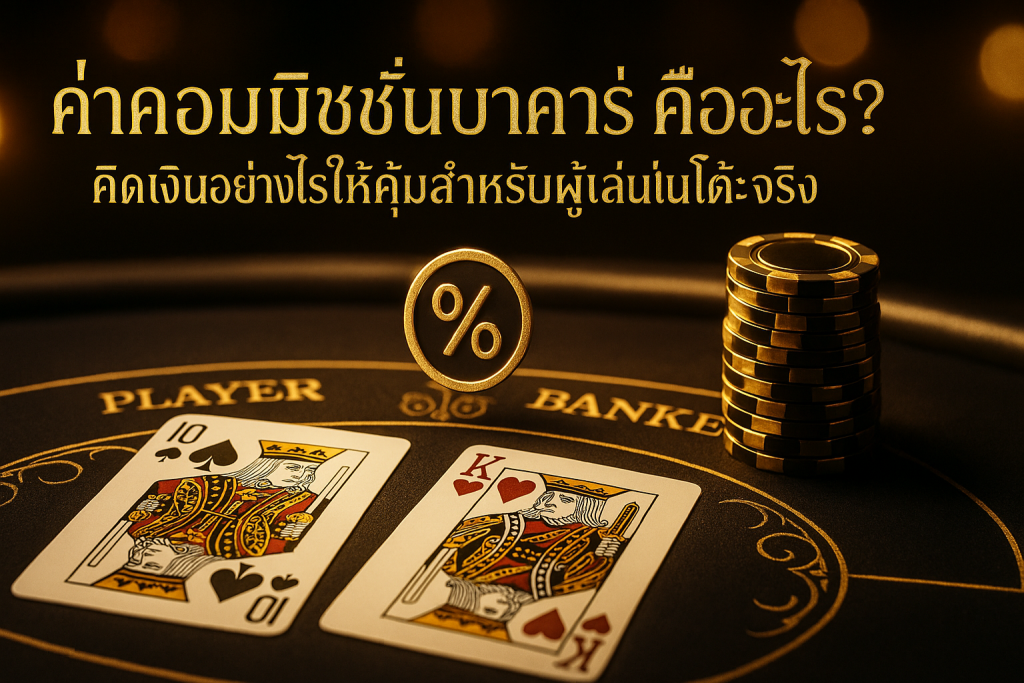 ภาพรวมค่าคอมมิชชั่นบาคาร่าในธีมหรูหราดำทอง พร้อมหัวข้อ ค่าคอมมิชชั่นบาคาร่า คืออะไร? คิดเงินอย่างไรให้คุ้มสำหรับผู้เล่นโต๊ะจริง