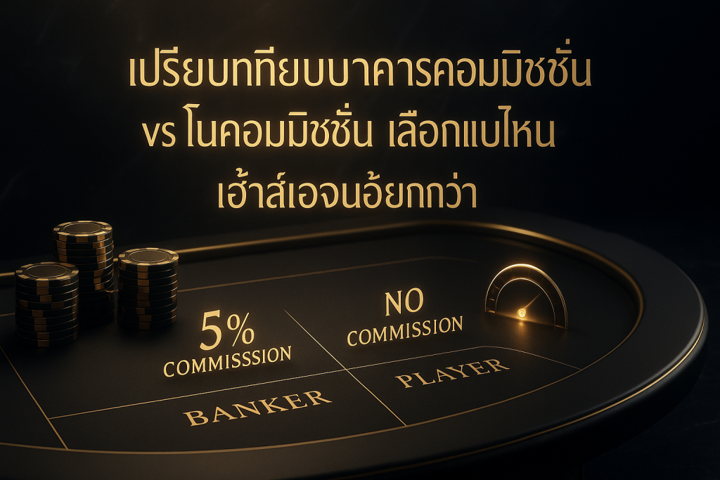 ภาพฟีเจอร์ธีมหรูหราดำทอง เปรียบเทียบบาคาร่าคอมมิชชั่น vs โนคอมมิชชั่น พร้อมข้อความหัวข้อเรื่องบนภาพ