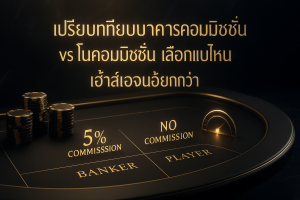 ภาพฟีเจอร์ธีมหรูหราดำทอง เปรียบเทียบบาคาร่าคอมมิชชั่น vs โนคอมมิชชั่น พร้อมข้อความหัวข้อเรื่องบนภาพ