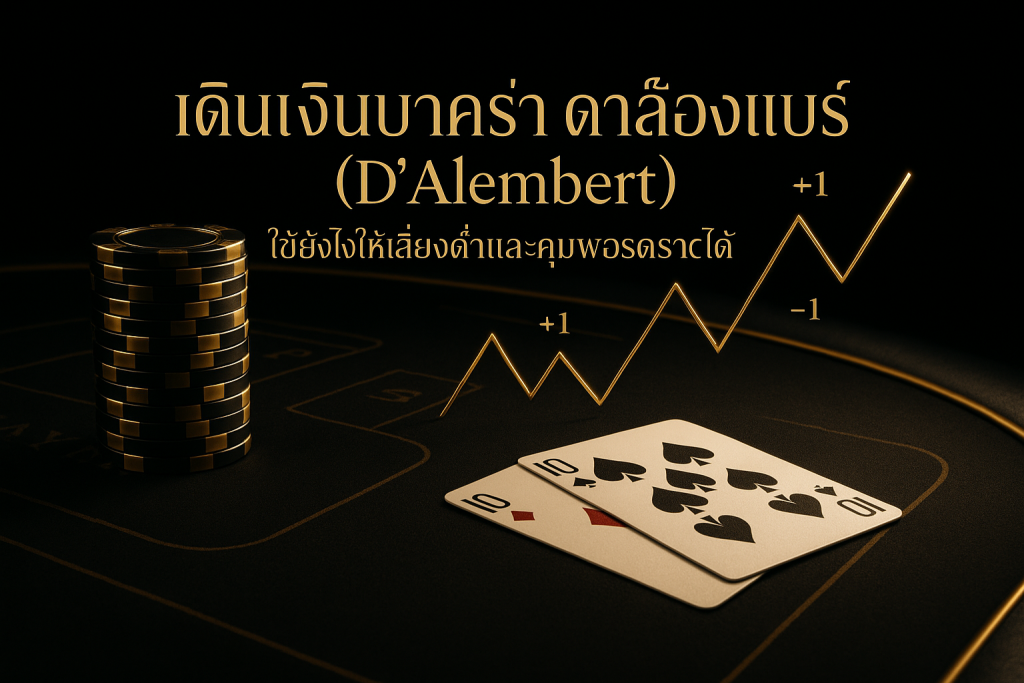 ภาพแนวหรูหราโทนดำทอง สื่อถึง เดินเงินบาคาร่า ดาล็องแบร์ พร้อมกราฟขั้นบันได +1/-1 และชิปบนโต๊ะบาคาร่า มีข้อความหัวเรื่องบนภาพ