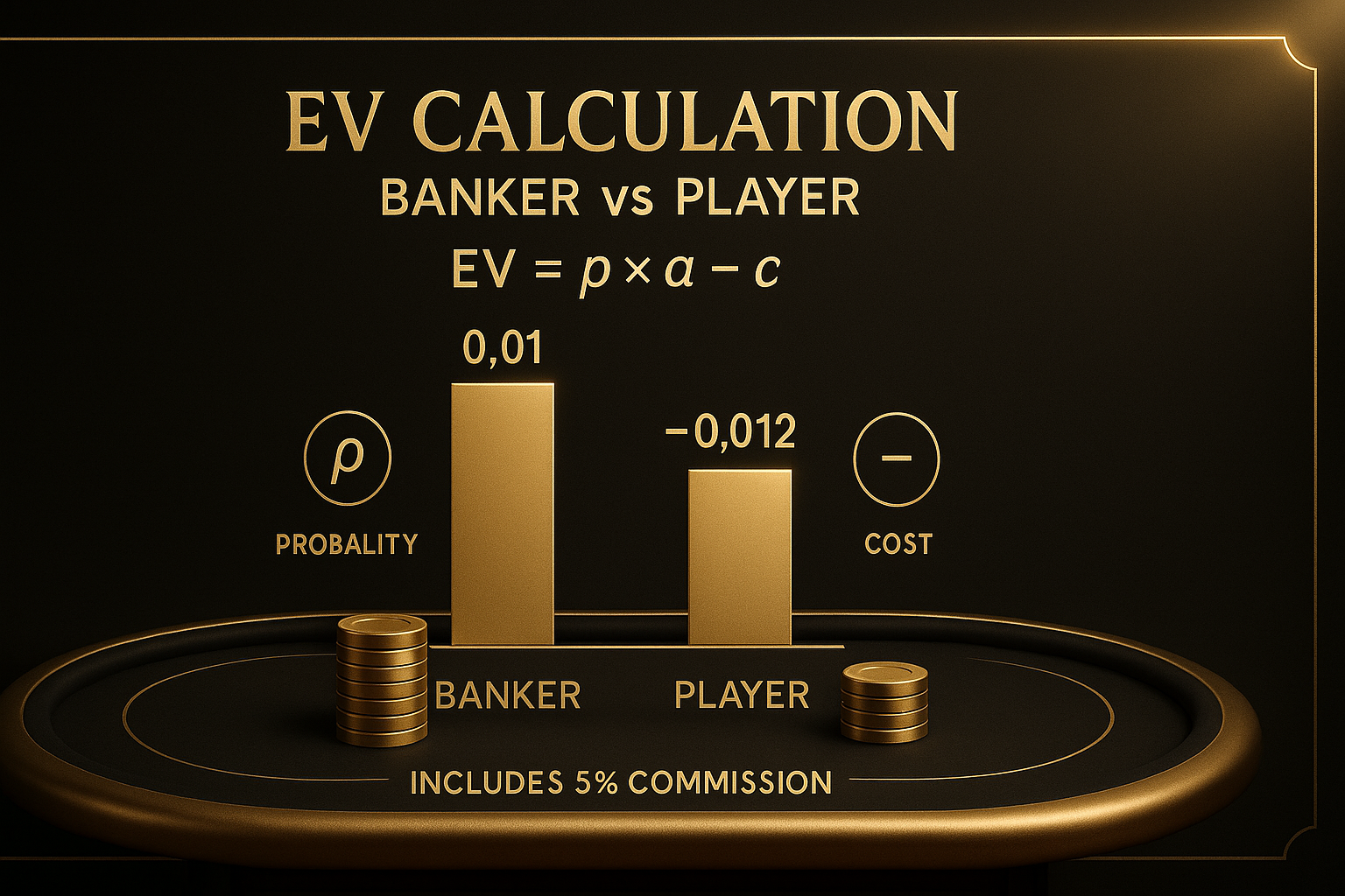 ภาพอินโฟกราฟิกอธิบายการคำนวณ EV เพื่อกำหนดขนาดเดิมพันบาคาร่าตาม EV เปรียบเทียบ banker กับ player โทนหรูหราดำทอง