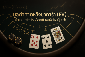 ภาพฟีเจอร์ธีมหรูหราโทนดำทอง แสดงมูลค่าคาดหวังบาคาร่า (EV) พร้อมไตเติลภาษาไทยบนภาพ