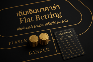 ภาพฟีเจอร์ เดินเงินบาคาร่า Flat Betting — เดิมพันคงที่ ลดสวิง เสริมวินัยพอร์ต ในธีมหรูหราดำทอง