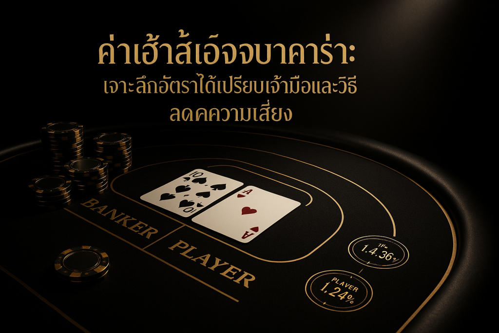 ภาพฮีโร่ธีมหรูหราโทนดำทอง แสดงโต๊ะบาคาร่า ชิป และกราฟค่าเฮ้าส์เอจ พร้อมข้อความชื่อบทความภาษาไทยเกี่ยวกับค่าเฮ้าส์เอจบาคาร่า