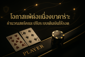 ภาพฟีเจอร์ธีมหรูหราดำทอง สื่อถึงโอกาสแพ้ต่อเนื่องบาคาร่า พร้อมกราฟสตรีคและแนวคิดปรับระบบเดินเงิน