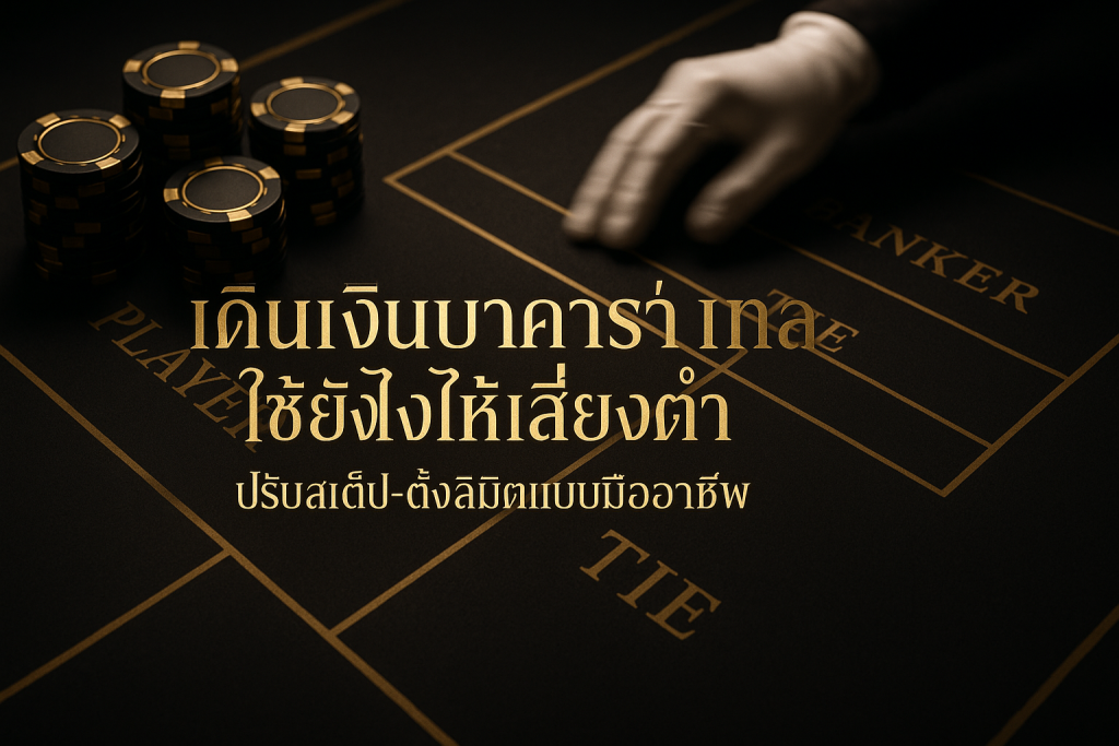 ภาพฟีเจอร์โทนดำทอง แสดงโต๊ะบาคาร่าและชิปหรู พร้อมข้อความหัวเรื่อง เดินเงินบาคาร่า มาติงเกล ใช้ยังไงให้เสี่ยงต่ำ ปรับสเต็ป-ตั้งลิมิตแบบมืออาชีพ