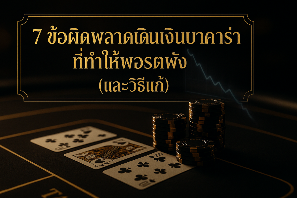 ภาพรวมบทความธีมหรูหราดำทองเกี่ยวกับข้อผิดพลาดเดินเงินบาคาร่า พร้อมข้อความหัวข้อ 7 ข้อผิดพลาดเดินเงินบาคาร่า ที่ทำให้พอร์ตพัง (และวิธีแก้)