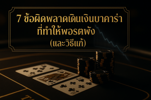ภาพรวมบทความธีมหรูหราดำทองเกี่ยวกับข้อผิดพลาดเดินเงินบาคาร่า พร้อมข้อความหัวข้อ 7 ข้อผิดพลาดเดินเงินบาคาร่า ที่ทำให้พอร์ตพัง (และวิธีแก้)