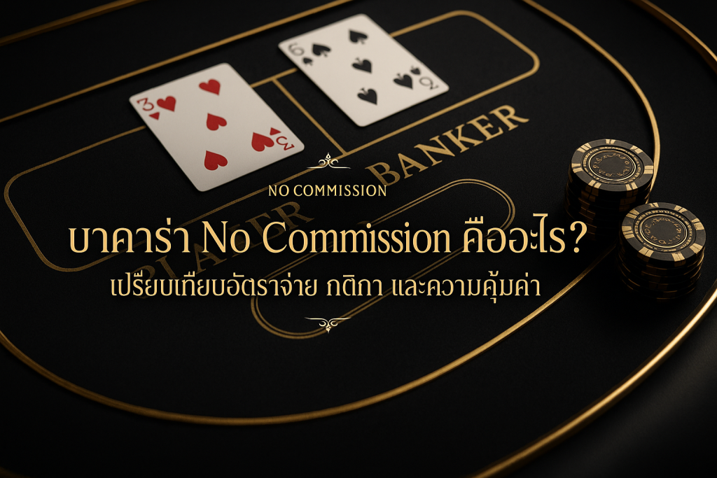 ภาพฟีเจอร์บทความบาคาร่า No Commission โทนดำทอง แสดงโต๊ะบาคาร่าและข้อความหัวเรื่อง