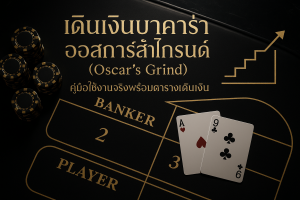 ภาพหน้าปกธีมดำทองสำหรับบทความ เดินเงินบาคาร่า ออสการ์สไกรนด์ แสดงโต๊ะบาคาร่า ชิป และกราฟไต่ระดับสื่อถึงกำไรแบบค่อยเป็นค่อยไป