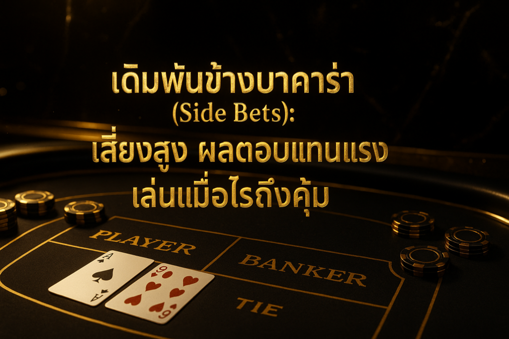ภาพฟีเจอร์โทนดำทองสำหรับบทความ เดิมพันข้างบาคาร่า พร้อมข้อความชื่อเรื่องบนภาพ โต๊ะบาคาร่า ชิปทอง และบรรยากาศคาสิโนหรู