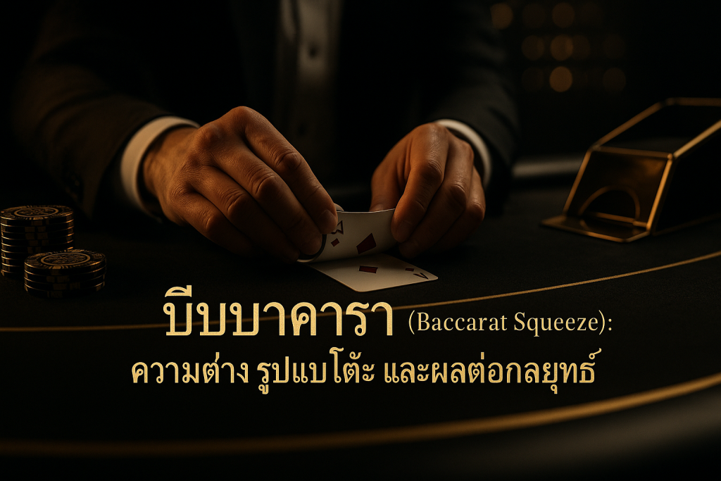 ภาพปกบีบบาคาร่า แสดงดีลเลอร์บิดไพ่บนโต๊ะสไตล์หรูหราดำทอง พร้อมข้อความหัวข้อบทความ