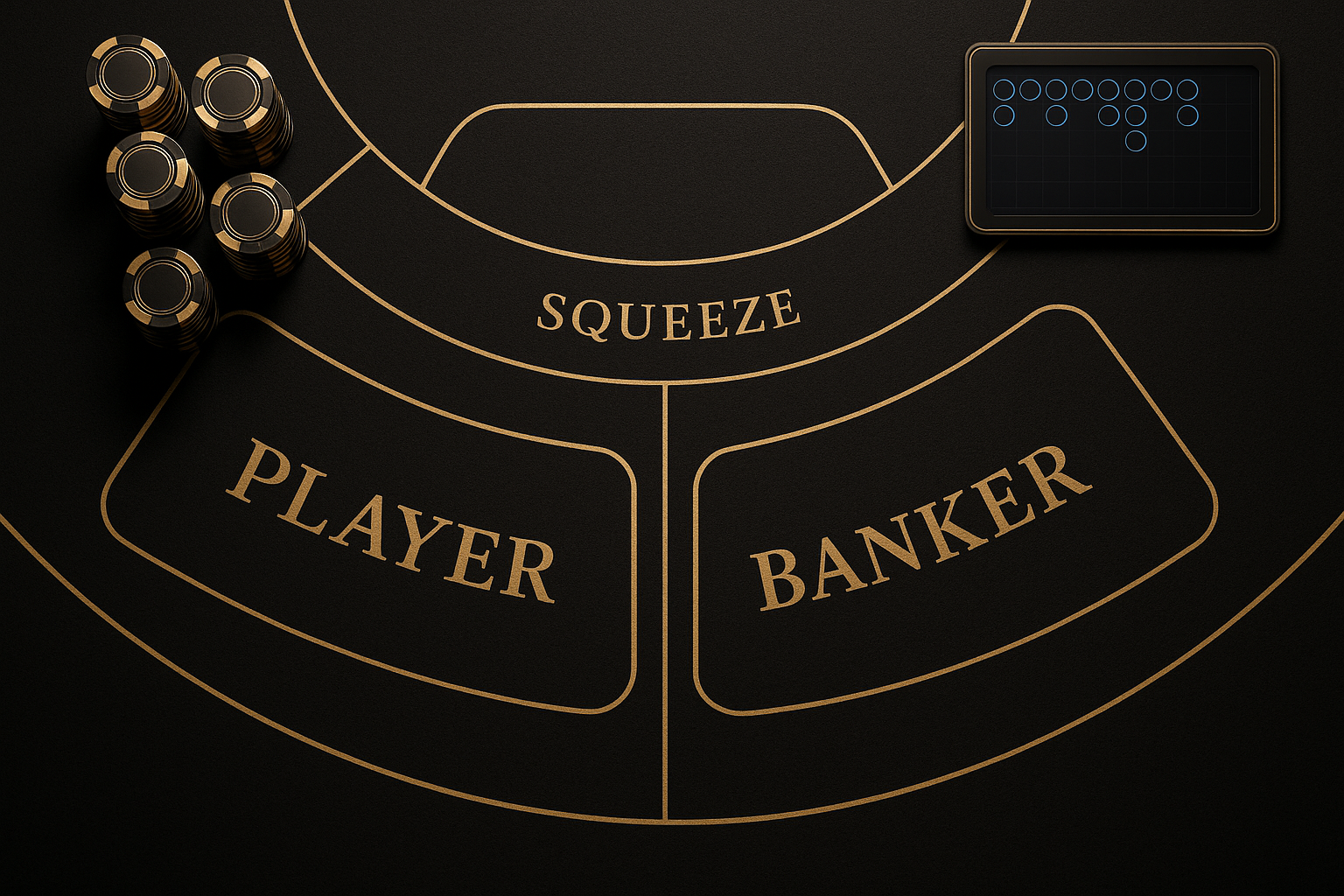 ภาพเลย์เอาต์โต๊ะบีบบาคาร่าแสดงพื้นที่ PLAYER/BANKER และโซนบิดไพ่ โทนหรูหราดำทอง