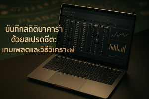 ภาพปกธีมหรูหราดำทอง แสดงการบันทึกสถิติบาคาร่าด้วยสเปรดชีต พร้อมข้อความหัวข้อบทความ