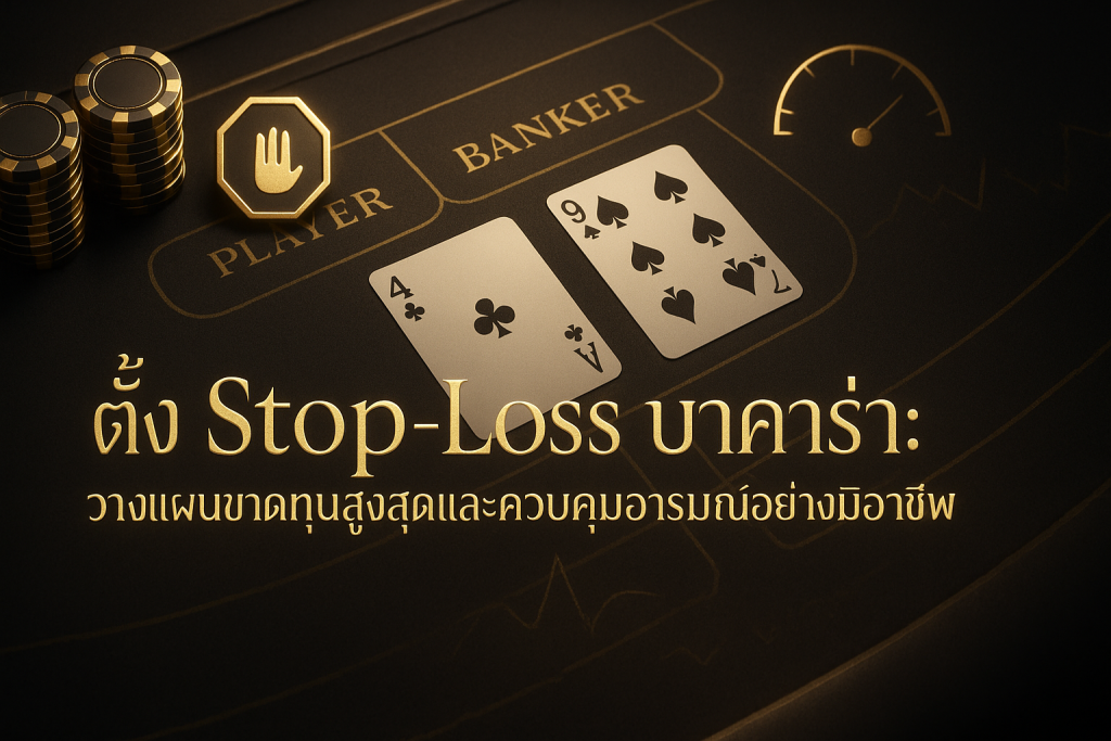 ภาพปก ตั้ง Stop-Loss บาคาร่า ธีมหรูหราดำทอง สื่อถึงการวางแผนขาดทุนสูงสุดและการควบคุมอารมณ์อย่างมืออาชีพ