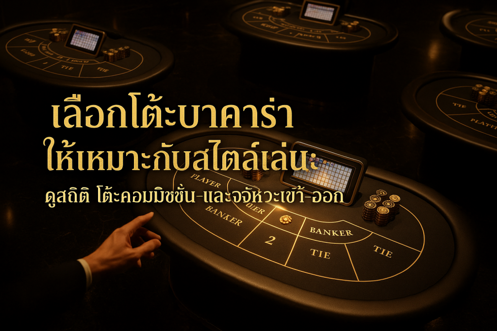 ภาพปกโทนดำทองสำหรับบทความ เลือกโต๊ะบาคาร่า แสดงโต๊ะหลายโต๊ะพร้อมสถิติและโต๊ะที่ถูกไฮไลต์ให้เลือก
