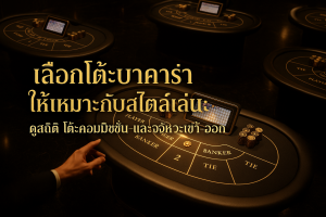 ภาพปกโทนดำทองสำหรับบทความ เลือกโต๊ะบาคาร่า แสดงโต๊ะหลายโต๊ะพร้อมสถิติและโต๊ะที่ถูกไฮไลต์ให้เลือก