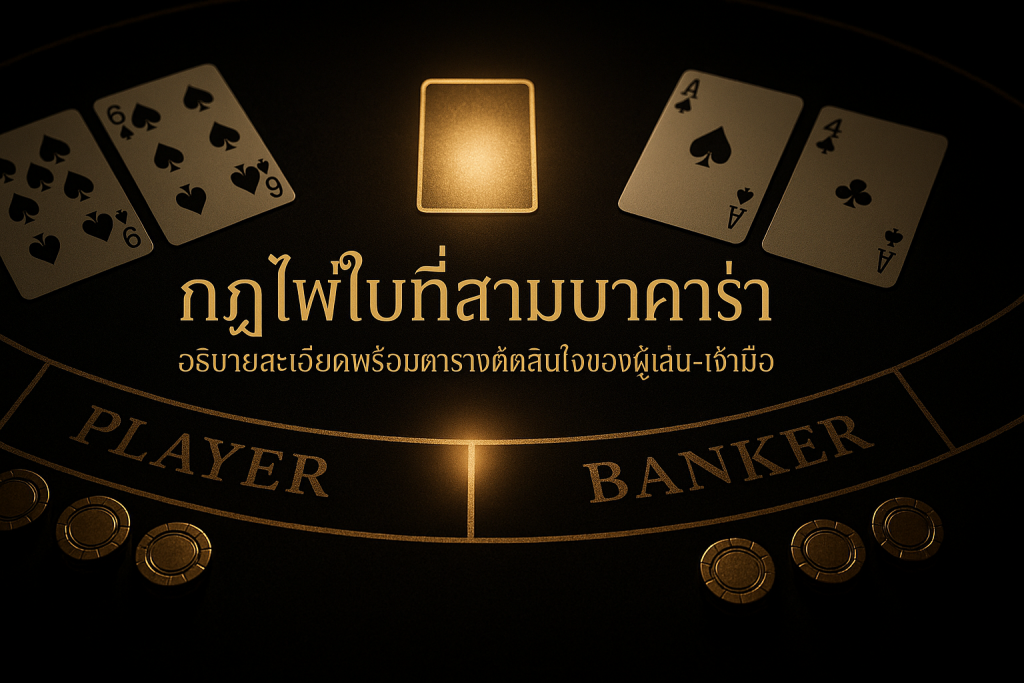 ภาพรวมกฎไพ่ใบที่สามบาคาร่า พร้อมข้อความหัวข้อบนภาพ โทนหรูหราดำทอง