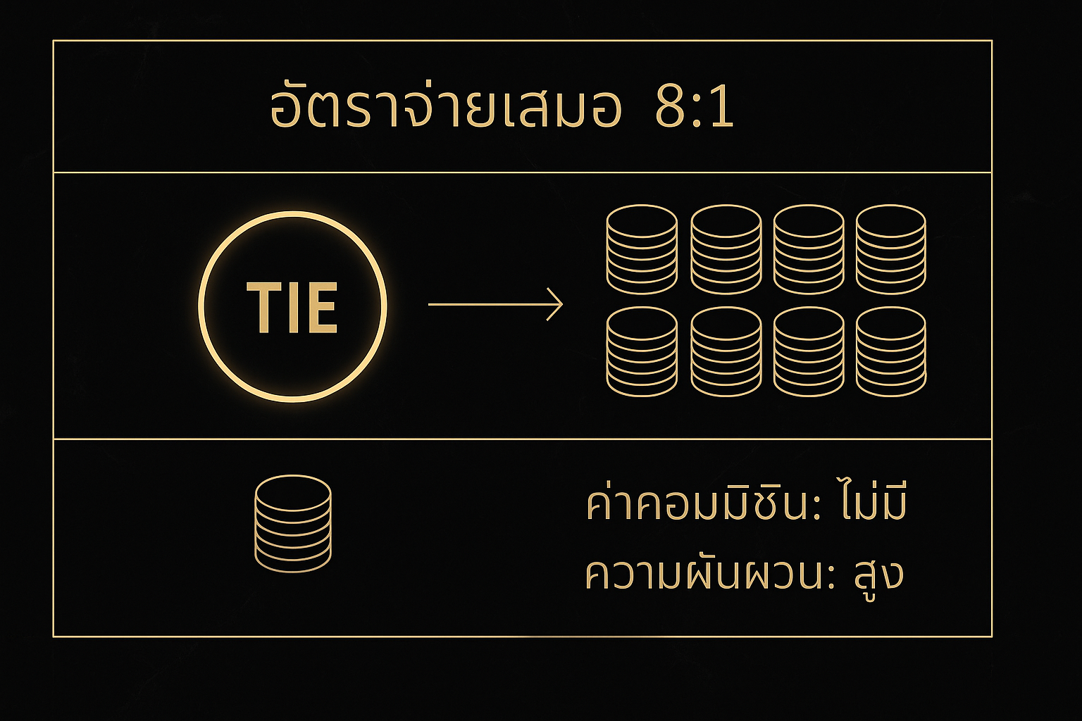 อินโฟกราฟิกธีมหรูหราดำทองอธิบายอัตราจ่ายของเดิมพันเสมอบาคาร่า 8:1 ด้วยชิปทองและวงเสมอบนโต๊ะบาคาร่า