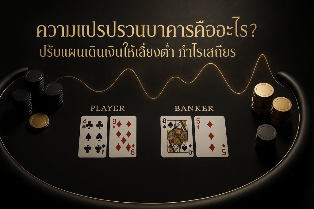 ภาพฟีเจอร์ธีมดำทองเกี่ยวกับความแปรปรวนบาคาร่า แสดงโต๊ะบาคาร่า ชิปสีทอง และกราฟสื่อถึงความผันผวน พร้อมข้อความหัวข้อบทความ