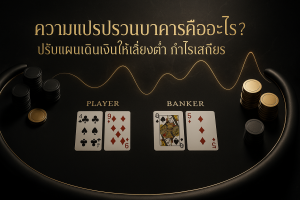 ภาพฟีเจอร์ธีมดำทองเกี่ยวกับความแปรปรวนบาคาร่า แสดงโต๊ะบาคาร่า ชิปสีทอง และกราฟสื่อถึงความผันผวน พร้อมข้อความหัวข้อบทความ