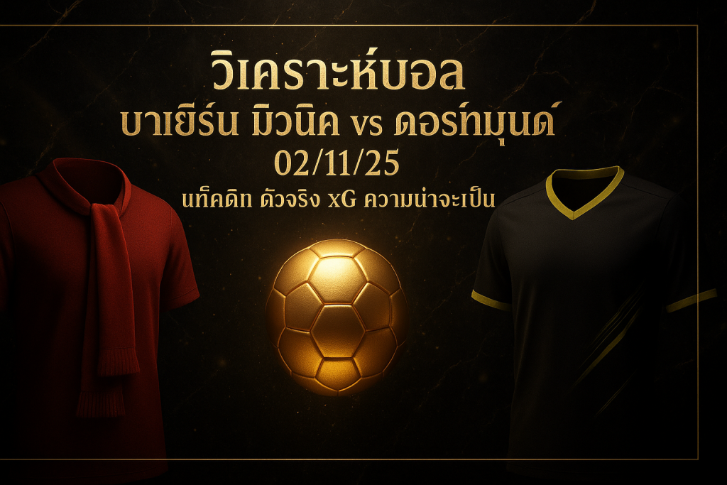 ภาพปกโทนดำทองสำหรับบทความ วิเคราะห์บอล บาเยิร์น มิวนิค ดอร์ทมุนด์ 02/11/25 พร้อมข้อความหัวเรื่องบนภาพ