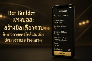 ภาพฟีเจอร์ธีมหรูหราสีดำทอง แสดง Bet Builder แทงบอล บนสมาร์ทโฟน พร้อมข้อความหัวข้อบทความบนภาพ