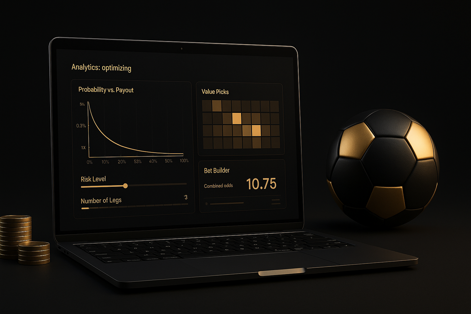 ภาพกลยุทธ์ Bet Builder แทงบอล แสดงการเพิ่มอัตราจ่ายอย่างฉลาดและการบริหารความเสี่ยงในธีมหรูหราดำทอง