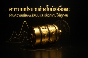 ภาพเด่นโทนหรูหราดำทอง แสดงความแปรปรวนช่วงโบนัสสล็อต ด้วยกราฟความเสี่ยงฟรีสปินและวงล้อสล็อตทอง พร้อมตัวอักษรชื่อบทความ