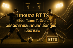 ภาพปกธีมหรูหราดำทองสำหรับบทความ แทงบอล BTTS (Both Teams To Score) วิธีคิดราคาและเทคนิคเลือกคู่แบบมืออาชีพ
