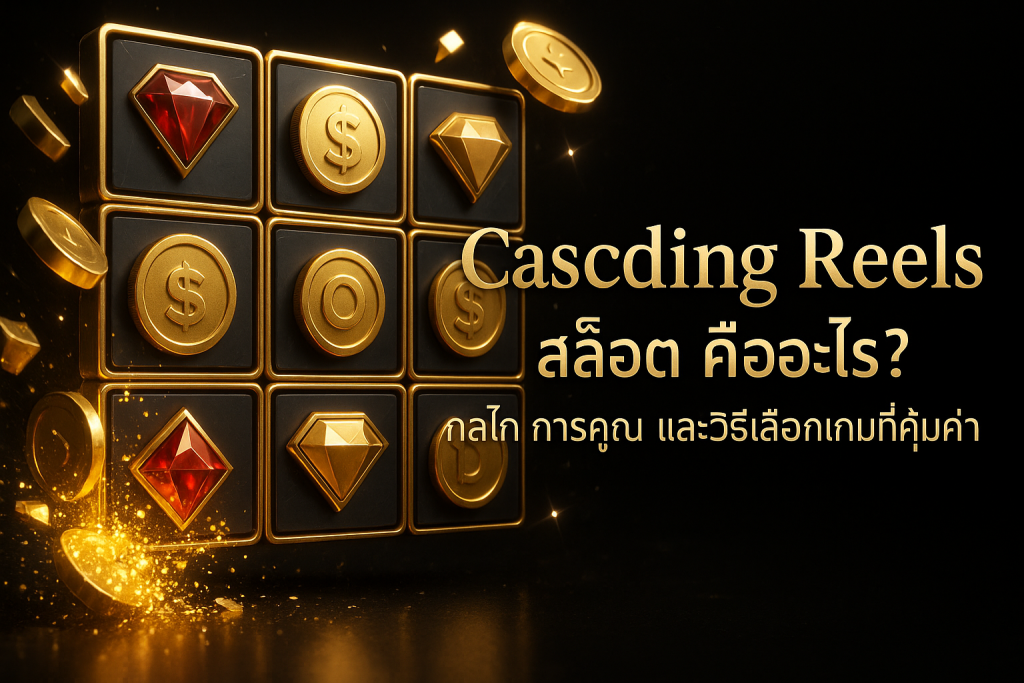 ภาพฟีเจอร์ธีมดำทองแสดงแนวคิด Cascading Reels สล็อต พร้อมข้อความชื่อบทความภาษาไทยบนภาพ