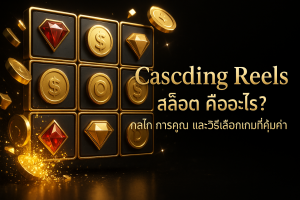 ภาพฟีเจอร์ธีมดำทองแสดงแนวคิด Cascading Reels สล็อต พร้อมข้อความชื่อบทความภาษาไทยบนภาพ