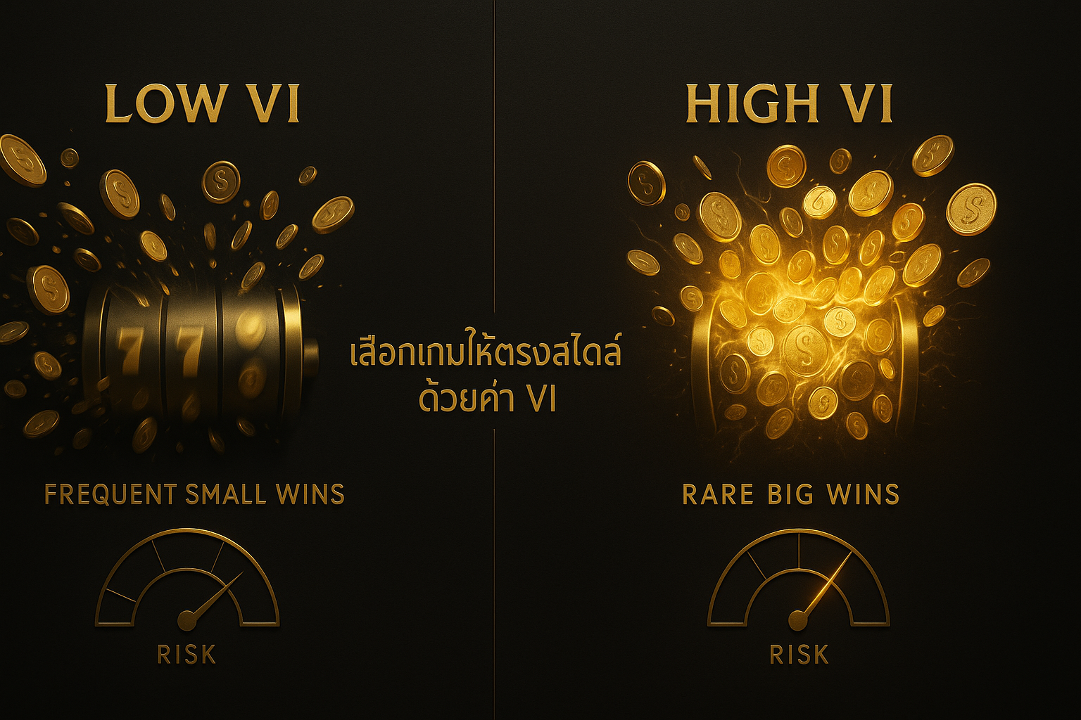 ภาพเปรียบเทียบโทนดำทอง เลือกสล็อตตามดัชนีความผันผวนสล็อต (VI) ระหว่างค่า ต่ำ กับ สูง เพื่อให้ตรงสไตล์การเล่น