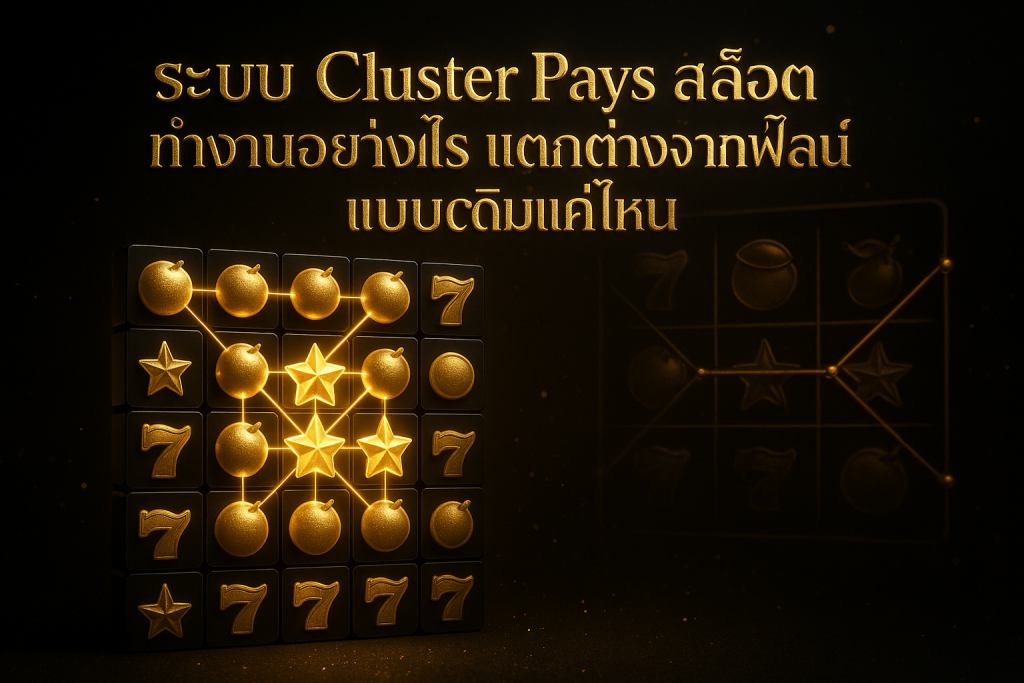 ภาพฟีเจอร์ธีมหรูหราดำทอง แสดงระบบ Cluster Pays สล็อต เปรียบเทียบกับเพย์ไลน์แบบเดิม พร้อมข้อความหัวเรื่องบนภาพ