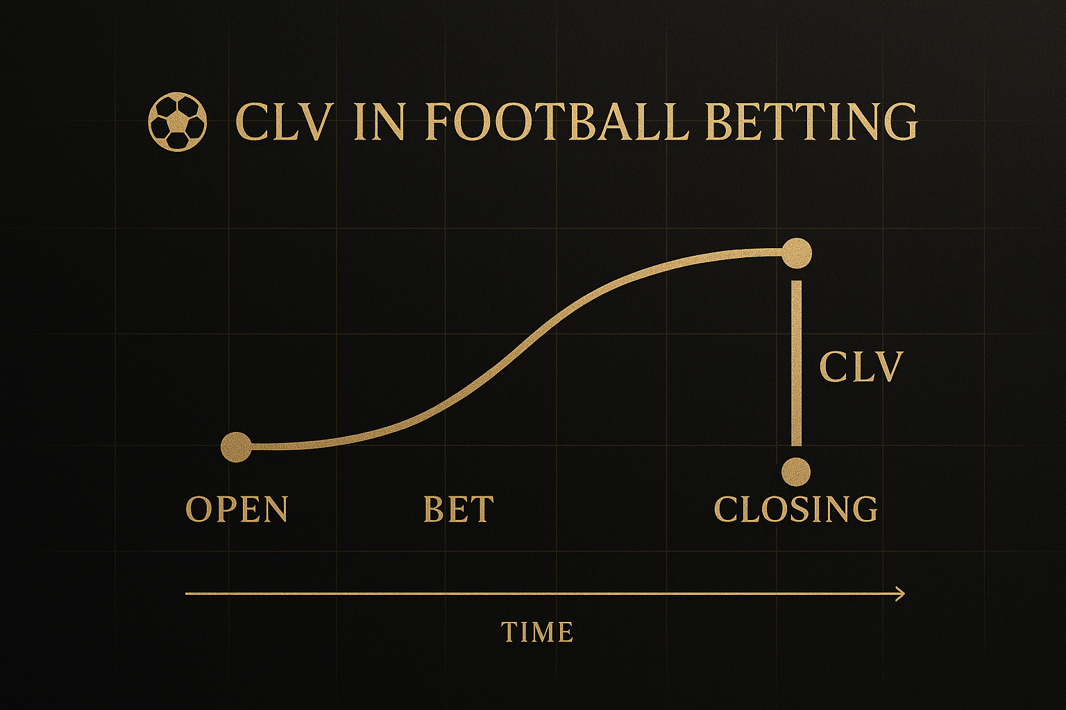 กราฟอินโฟกราฟิกอธิบายค่า CLV แทงบอล เปรียบเทียบราคาเดิมพันกับราคาปิดในโทนดำทอง