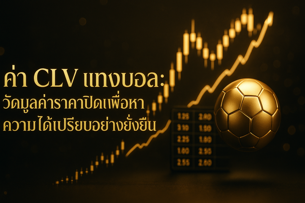 ภาพแนวหรูหราดำทองแสดงแนวคิดค่า CLV แทงบอล พร้อมกราฟราคาปิดและข้อความหัวข้อบนภาพ