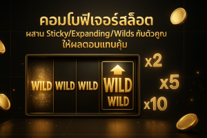 ภาพฟีเจอร์ธีมหรูหราดำทองของคอมโบฟีเจอร์สล็อต แสดง sticky wilds, expanding wilds และตัวคูณ พร้อมข้อความไตเติลบนภาพ